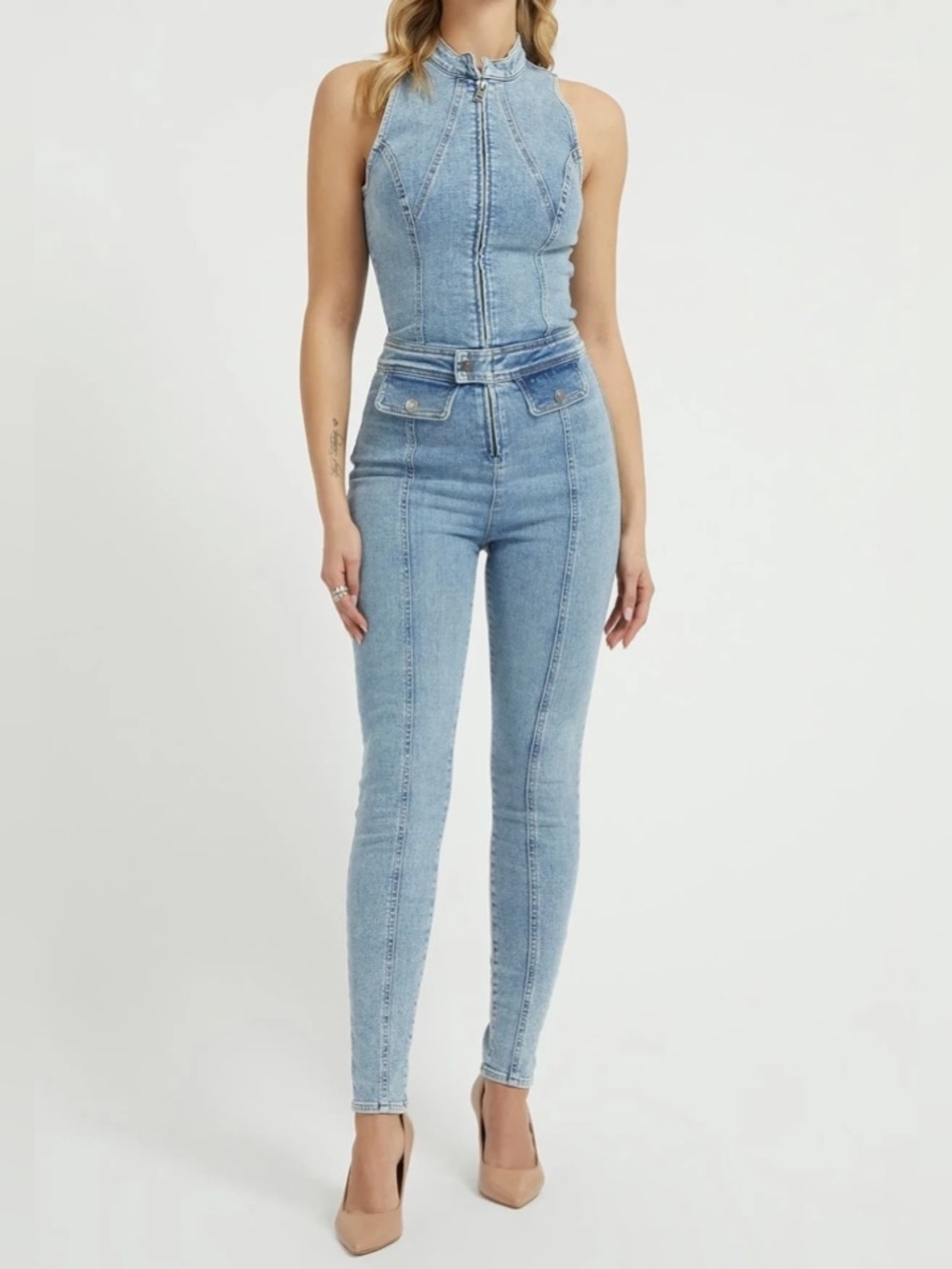 New Guess Light Blue Denim Halter Jumpsuit SZ S